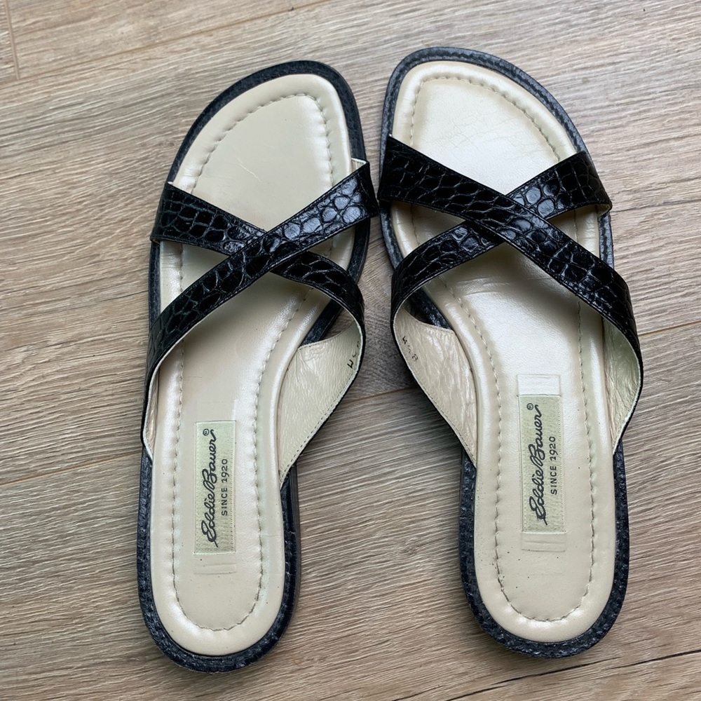 Vintage Eddie Bauer Black Leather Crisscross Slide Sandals